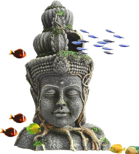 Buddha Head Statue Aquarium Decorations Resin Fish Hideout Betta Cave for Large Fish Tank Ornaments Betta Sleep Rest Hide Play Breed