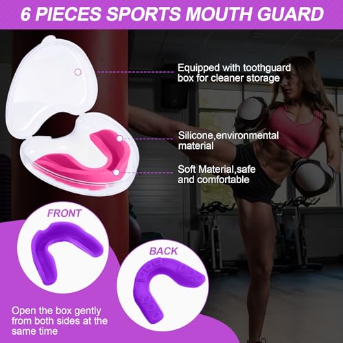 BBTO 6 Pack Kids Youth Mouth Guard for Football Sports, Boys Girls Mouthguard with Case, Soft Mouth Guard for Hockey Boxing Basketball, Ages 4+ - color: Rose Red,purple