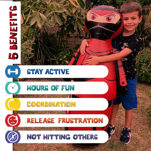 INFLATABLE DUDES Kids Punching Bag- Bop Bag | Sand-Base - color: Red Samurai Standard Ninja | Pre-filled with Sand, size: 47"