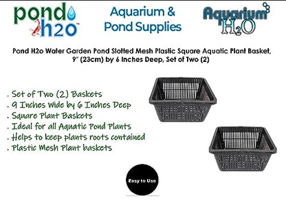 PondH2o 9" Wide by 6" Deep (23cm x 16cm), Square Black Plastic Mesh Pond Planting Containers, Aquatic Water Garden Plant or Flower Planters, Pots Baskets Aquaponics, Hydroponics | Value 2 Pack