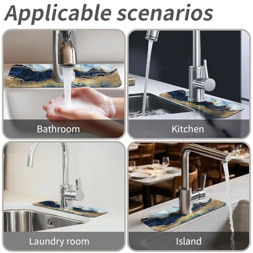 Kitchen Sink Splash Guard，Blue white black and gold marble-1 Faucet Mat Sink Gadgets-Super Absorbent Fast Drying Mat Drip Catcher for Kitchen, Bathroom,Sink Mat, Dish Drying Mat, Bathroom(15" X 5.5" ) - color: Blue white black and gold marble-1