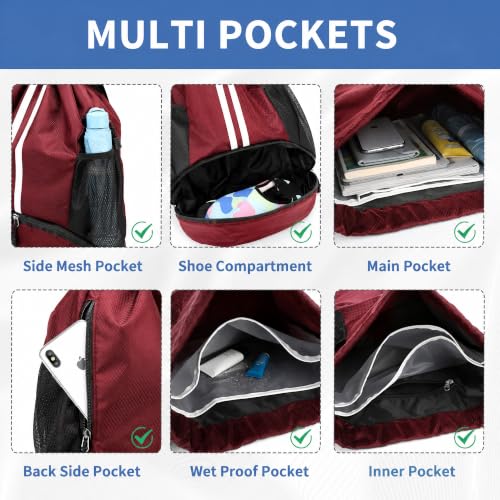 JELUTAR Drawstring Backpack Gym Bag with Shoes Compartment, Burgundy - color: Burgundy, size: Medium