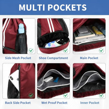 JELUTAR Drawstring Backpack Gym Bag with Shoes Compartment, Burgundy - color: Burgundy, size: Medium