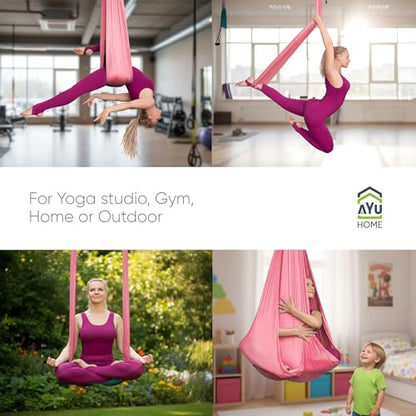 AyuHome Aerial Silks Yoga Swing Aerial Hammock Kit for Home | Premium aerial silks yoga swing kit with rigging hardware for aerial yoga, gymnastics, and home fitness - color: Aerial silk - Pink New