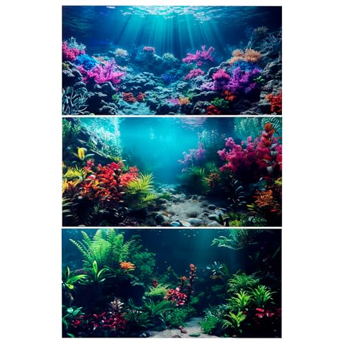 3 Pack Aquarium Background, 24x12 inches Polyester Aquarium Background, Cloth Fish Tank Background, Undersea Corals Sunshines & Rock Aquatic Plants - size: 24x12 Inch