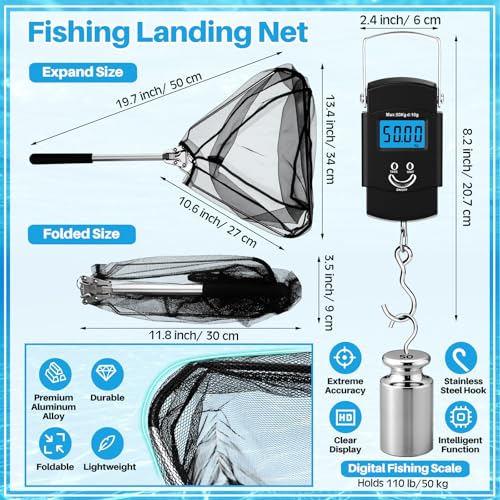 Set of 4 Saltwater Fishing Cast Net, Foldable Fish Bucket, Folding Fishing Landing Net, and 110lb Digital Scale, 6 Gallon Live Fish Bait Bucket - color: Black, size: 4ft