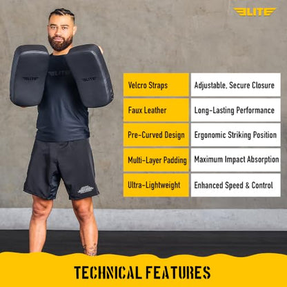 Elite Sports Pre-Curved Muay Thai Kickboxing Training Pad for Kickboxing,MMA,Taekwondo,Karate. Ideal for Punches,Knees, and Kicks in Martial Arts Training (ONE PAD ONLY) - color: Solid Black