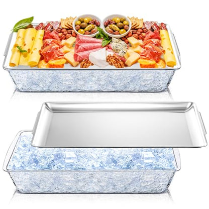 2 Set 16" x 9'' Chilled Serving Tray for Parties with Compartments Rectangle Serving Dish Ice Charcuterie Party Platter for Shrimp Fruit Seafood Vegetable Appetizer (Silver)