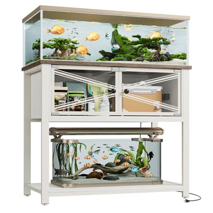 40-50 Gallon Aquarium Stand with Heavy Duty Metal Frame, Fish Tank Stand with Power Outlets, Two Glasses Door Storage Cabinet, Suitable for Turtle Tank, Reptile Tank, White+Brown
