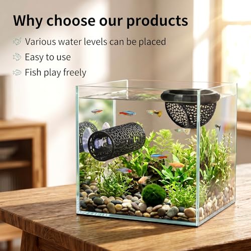2 Pcs Fish Hammock & Betta Tunnel Set, Aquarium Decorations for Small Fish, Floating Hide & Resting Spot, Black