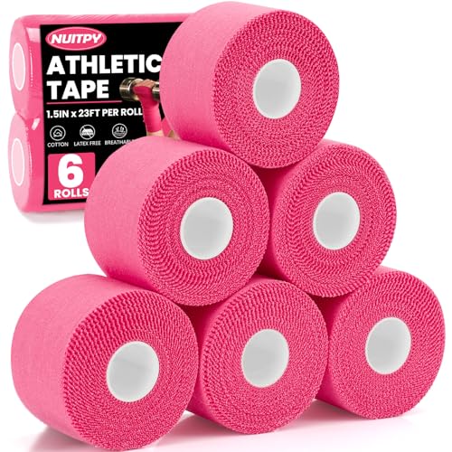 NUITPY 6 Pack Athletic Tape, Pink Sports Tape, Easy Tear Wrist Tape, Strong Adhesion Tapes for Boxing, Gymnastics, Hockey, Soccer, Lacrosse and First Aid - color: Pink-6 Rolls