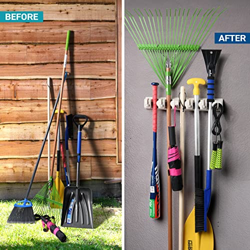 HOME IT Mop and Broom Holder Wall Mount Hanger, Heavy Duty 5 Slots 4Hooks - color: Off-White, size: 1 Pack 5-position, 6-Hooks