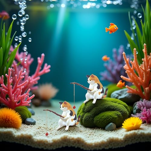 GANPUB 2Pcs Cat Fishing Figurine, Cute Cat Statue Decor, Resin Mini Fish Tank Decorations Craft Sculpture for Aquarium Tanks Desk Yard Pond Indoor Outdoor