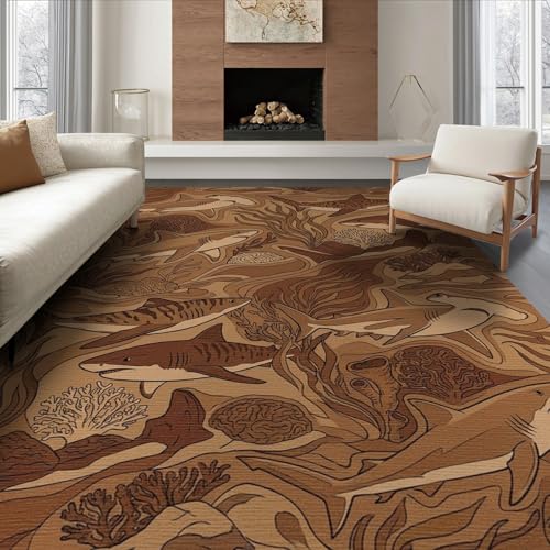 6'x9' Washable Graphic Fish Area Rug, Brown Non-Shedding Pet Friendly Room Rug for Queen Size Bedroom, Under Bed, Master Suite, Foldable Easy Care Carpet | Ref:2067561 - color: Brown/Pattern 23, size: 6' x 9' (Rectangular)