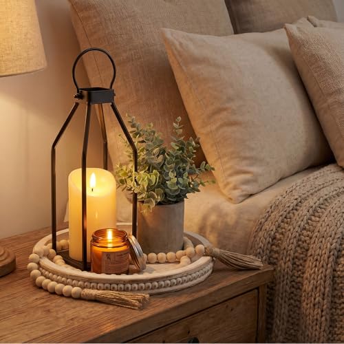 Novabright 6 Pcs Simple Lines Farmhouse Lantern Decor Set Candle Lanterns Decorative Indoor with Wooden Tray Bead Aromatherapy Candle Faux Plant Rustic Decor for Living Room Mantel Housewarming Gift - style: Simple Lines