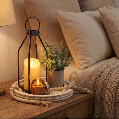 Novabright 6 Pcs Simple Lines Farmhouse Lantern Decor Set Candle Lanterns Decorative Indoor with Wooden Tray Bead Aromatherapy Candle Faux Plant Rustic Decor for Living Room Mantel Housewarming Gift - style: Simple Lines