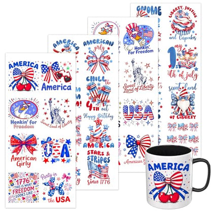 4 PCS Watercolor 4th of July UV DTF Cup Wrap, Rub on Transfer Stickers for 16oz Glass Mugs, High Viscosity Permanent UV DTF Sticker, Coffee Cups, Water Bottles and Personalized Crafts - style: Watercolor 4th Of July