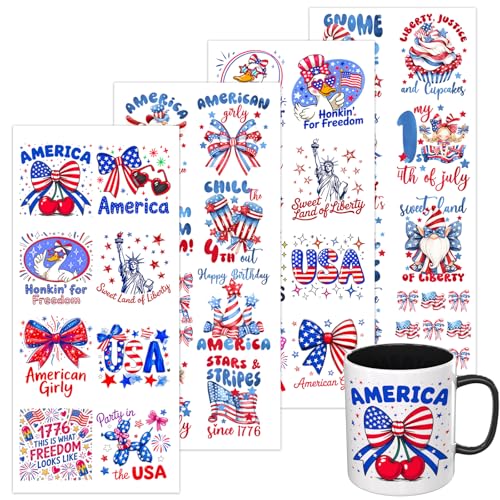 4 PCS Watercolor 4th of July UV DTF Cup Wrap, Rub on Transfer Stickers for 16oz Glass Mugs, High Viscosity Permanent UV DTF Sticker, Coffee Cups, Water Bottles and Personalized Crafts - style: Watercolor 4th Of July