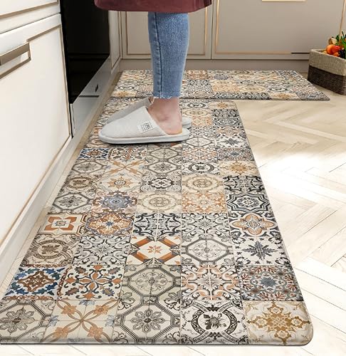 Boho Kitchen Rugs Set 2 Memory Foam Colorful Ceramic Comfort Tile Floor Mat Anti Fatigue Non-Skid PVC Runner Rug Water & Oil Proof Carpet for Kitchen Laundry Sink,17.3x28+17.3x47 Inch, C3 - color: Color Tiles-3
