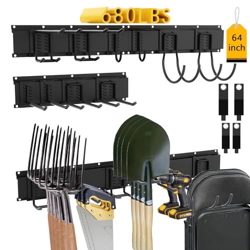 CBWLWJ 64 Inch Garage Tool Organizer Wall Mount, Heavy Duty Steel Storage Rack with 10 Adjustable Hooks, 680 lbs Capacity for Garage, Shed, Basement, Workshop,（Black） - size: 64inch+10Hooks+2strap