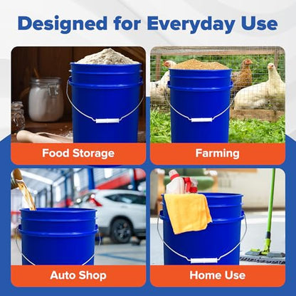 5 Gallon Bucket - Food Grade Bucket, Metal Handle Grip, BPA-Free, Heavy-Duty 90 Mil HDPE Plastic Pail, Stackable Utility Container, Made in USA, Lid Not Included, Blue, 12 Packs - color: Blue, size: 12 Packs