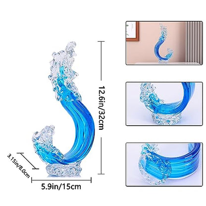 Blue Glass Beach House Decor, Hand Blown Ocean Wave Decorate, Tall Blue Glass Sculpture Home Decor, Ocean Wave Fused Art Figurines, for Sea Art Beach Coastal Nautical Office Surfers Gifts