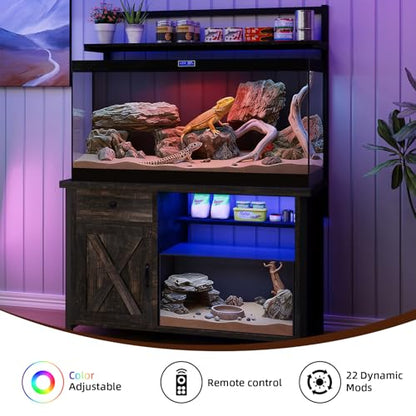 Reptile Tank Stand with Power Outlet, Terrarium Stand with Storage Cabinet, 49" X 20" Tabletop, Aquarium Stand with LED Lights, Reptile Terrarium,Turtle Tank (Oak) - color: Oak
