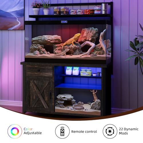 Reptile Tank Stand with Power Outlet, Terrarium Stand with Storage Cabinet, 49" X 20" Tabletop, Aquarium Stand with LED Lights, Reptile Terrarium,Turtle Tank (Oak)