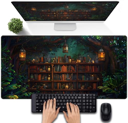 Large Desk Pad Anime Mouse Mat, Extended Gaming Mouse Pad Forest Library Keyboard Pad, Computer Desktop Pad Full Desk Mat XXL, Magical Cottagecore Decor for Office Laptop 31.5x15.7 Inch
