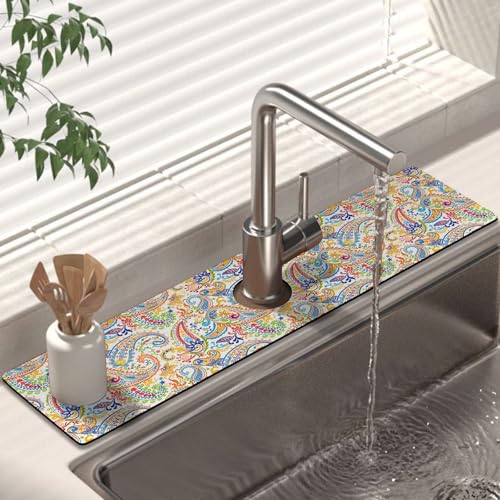 Kitchen Sink Splash Guard Faucet Mat 24" X 5.5" Paisley Absorbent Fast Drying Mat Faucet Draining Mat Sink Splash Guard Behind Faucet Drip Catcher for Kitchen Bathroom - color: paisley01, size: 24*5.5in