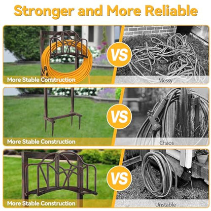 Garden Hose Holder Hanger Freestanding, Upgraded 4-Spike Heavy Duty Storage Reel Stand, Holds 150ft Hose for Outside Yard Lawn (Rustic Line, Metal)