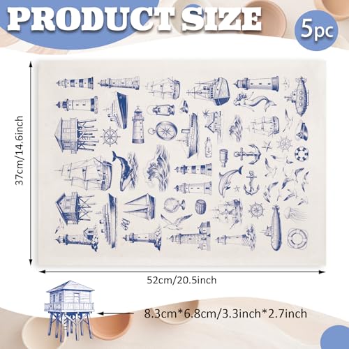 PLIGREAT 5 Pcs Marine Themed Underglaze Transfer for Pottery, 20.5x14.6in Ceramic Clay Transfer Paper Lighthouse Ship Ceramic Decals Blue Under Glaze Transfers for DIY Handicraft Supplies - style: Marine