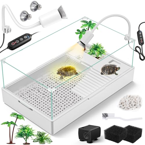 Large Turtle Tank Kit(Tank + Light + Water Pump), Acrylic Turtle Tank Starter Kit with Two Rain Shower Head, Adjustable 5W Water Pump, Higher Fences (Kit-L)