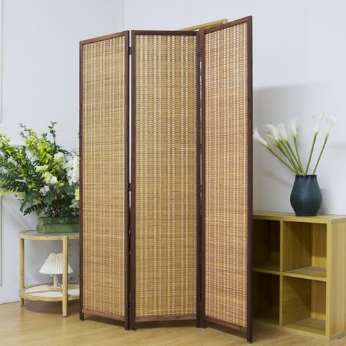 3 Panel Bamboo Room Divider Screen,5.6 FT Tall Bamboo Divider Folding Panel Screen,Freestanding Panel Divider for Room Seperation,Brown