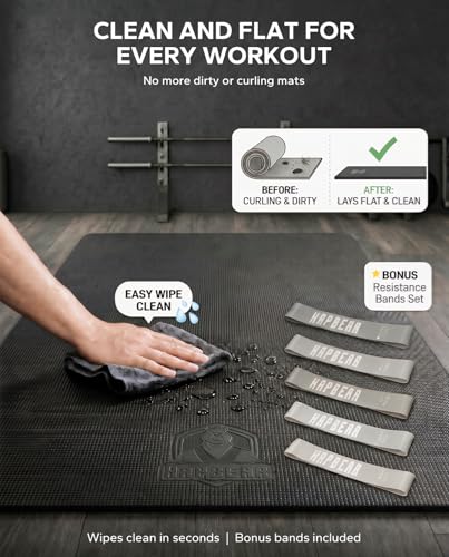 HAPBEAR Large Exercise Mat-6'x4'/7'x5'/6'x8'/6'x9'/6'x10'/6'x12'x 1/3"(8mm) - color: Black-High Density 10'×6'×⅓"