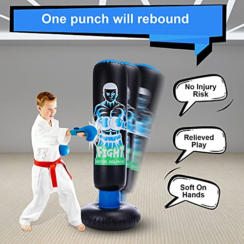 Inflatable Kids Punching Bag with Stand 63 inch with Stand Freestanding Punching Bag with Bounce Back Tall 63 inch Fitness Boxing Bag for Practice Kickboxing Taekwondo MMA Karate for Kids and Adults