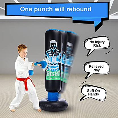 Inflatable Kids Punching Bag with Stand 63 inch with Stand Freestanding Punching Bag with Bounce Back Tall 63 inch Fitness Boxing Bag for Practice Kickboxing Taekwondo MMA Karate for Kids and Adults