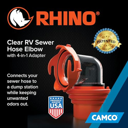 Camco RhinoFlex Clear RV Sewer Hose Elbow with 4-in-1 Adapter - Features a 360-Degree Fitting Rotation and Built-in Gasket for Odor-Tight Protection - Fits 4 Sizes of Dump Station Inlets (39736) - size: One Size