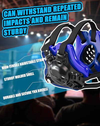 Wrestling Headgear, Youth Wrestling Head Gear with Chin Cup, Sorf Ear Guard for MMA, Jiu-Jitsu (for Users Age 10+) - color: Blue