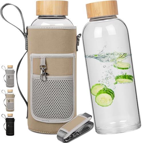 48 oz Sports Borosilicate Glass Water Bottle with Bamboo Lid with Neoprene Sleeve - color: Gold-x