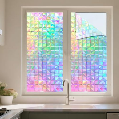 Window Privacy Film Iridescent Tint Stained Glass Window Film Decorative Static Cling Non Adhesive Removable Reusable Window Cling for Bathroom Shower Windows Anti Glare UV Blocking 17.7x39.4 Inch