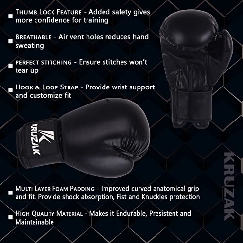 Kruzak Plain Boxing Gloves for Sparring, Kickboxing, Muay Thai, Martial Arts & MMA Fighting - Men & Women Punch Bag Mitts Training and Focus Pads Punching - color: Black, size: 14 oz