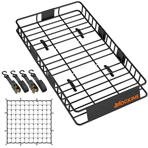 Mockins 64"x39"x6" Extendable Cargo Roof Rack Basket with 250 Lbs Capacity | Heavy-Duty Car Roof Cargo Carrier Rack Bundle with Straps & Net | All-Weather Steel Luggage Carrier for Car Rooftop Storage - size: Basket: 64"x39"x6"