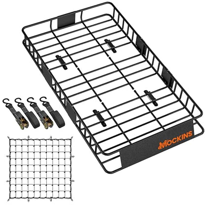 Mockins 64"x39"x6" Extendable Cargo Roof Rack Basket with 250 Lbs Capacity | Heavy-Duty Car Roof Cargo Carrier Rack Bundle with Straps & Net | All-Weather Steel Luggage Carrier for Car Rooftop Storage - size: Basket: 64"x39"x6"
