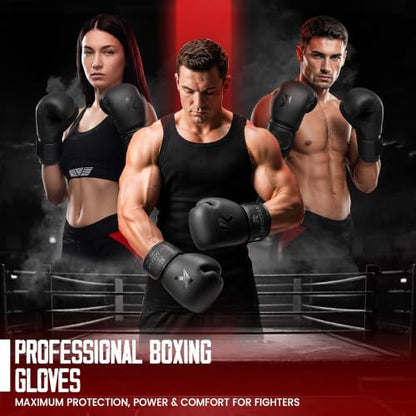 Kruzak Matte Black Boxing Gloves and Pads, Boxing Gloves Training Set for Kickboxing and Muay Thai MMA Training - Boxing Kit for Adults with Punching Pads for Martial Arts and Karate - size: 12 oz