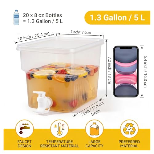 4 Pack 1.3 Gallon Drink Dispenser with Spigot for Fridge, Leakproof Plastic Water Container Fridge Beverage Dispenser Ice Juice Dispenser with Spigot for Home Party Restaurant Bar Buffet