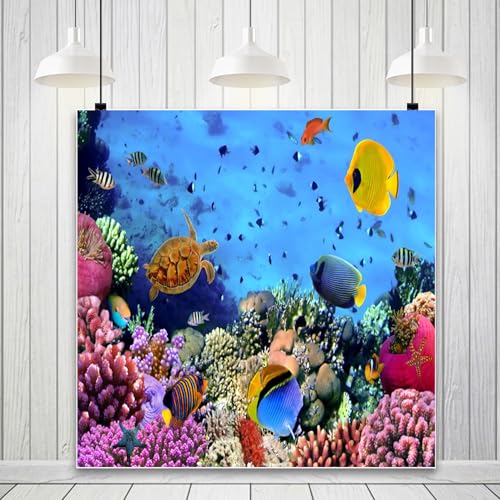 8x8ft Underwater Ocean Coral Reef Backdrop Under The Sea Tropical Fish Sea Turtle Marine Life Photography Background Seabed World Nature Scene Aquarium Decor Kids Portrait Photo Shoot Props - size: 8x8ft