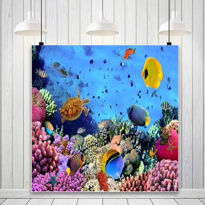 8x8ft Underwater Ocean Coral Reef Backdrop Under The Sea Tropical Fish Sea Turtle Marine Life Photography Background Seabed World Nature Scene Aquarium Decor Kids Portrait Photo Shoot Props - size: 8x8ft