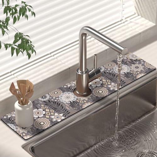 Kitchen Sink Splash Guard Faucet Mat 24" X 5.5" Boho Floral Absorbent Fast Drying Mat Faucet Draining Mat Sink Splash Guard Behind Faucet Drip Catcher for Kitchen Bathroom - color: boho flower, size: 24*5.5in