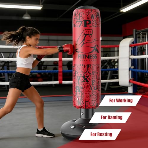Inflatable Boxing Pillar - Punching Bag for Adults & Kids,Tall Larger 59.1 Inch Stable Boxing Bag for Teens, Fast Inflation Deflation Design, Water Filled Base, Easy Inflate Valve - color: red